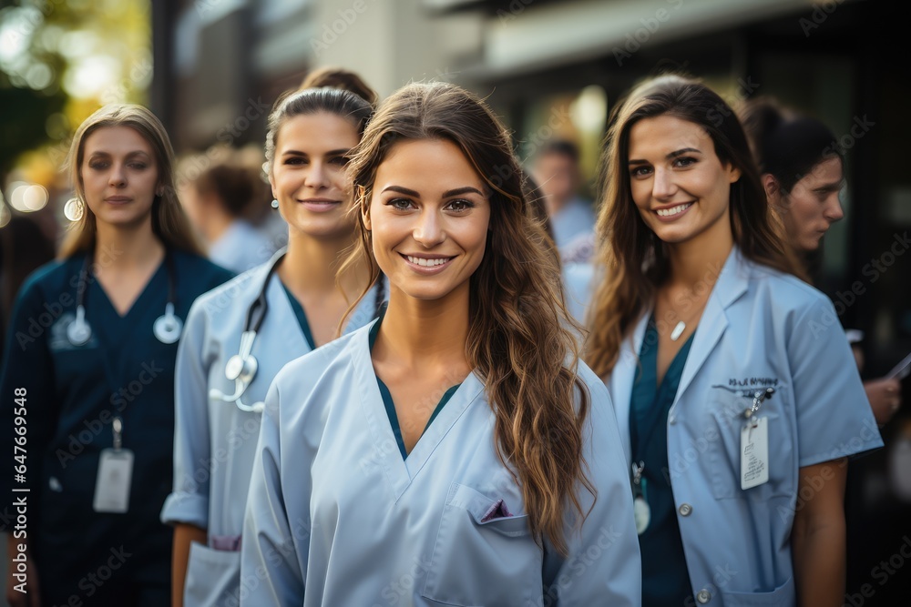 Portrait of several young female doctors recently graduated in medicine