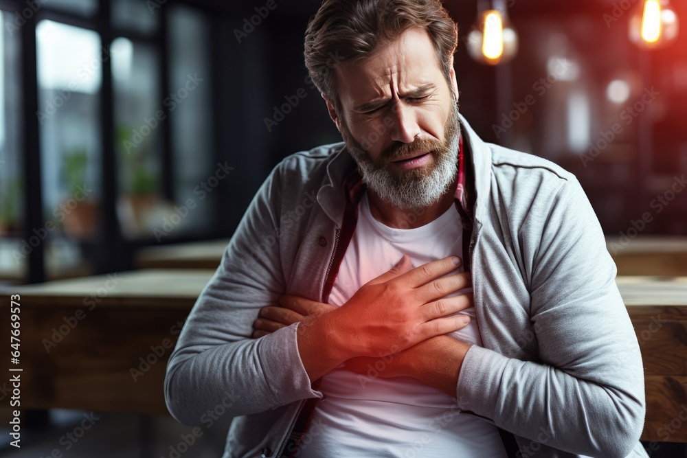 Middle-aged man with chest pain from a heart attack. Health concept. Middle-aged man with chest pain from a heart attack. Health concept.