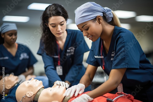 Medical students practicing CPR techniques on a mannequin in a simulation training. photo