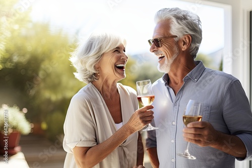 happiness old couple pension retired marry couple enjoy vacation at home hand hold alcohol cocktail drink summertime cheerful casual lifestyle