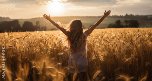 Woman worshiping hands raised to the sunset in open field. Religion concept. © AllistairBot/Peopleimages - AI