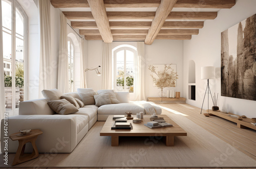 white living room in spain with wooden floors and wooden beams