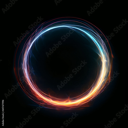Concept of a black hole or portal of brightly glowing colorful iridescent thin circle of light on a black background