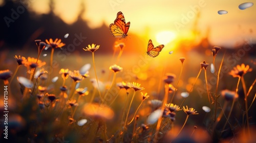 Beautifull Butterflies Flying Over Flowers in the Evening in the Field © Fadil