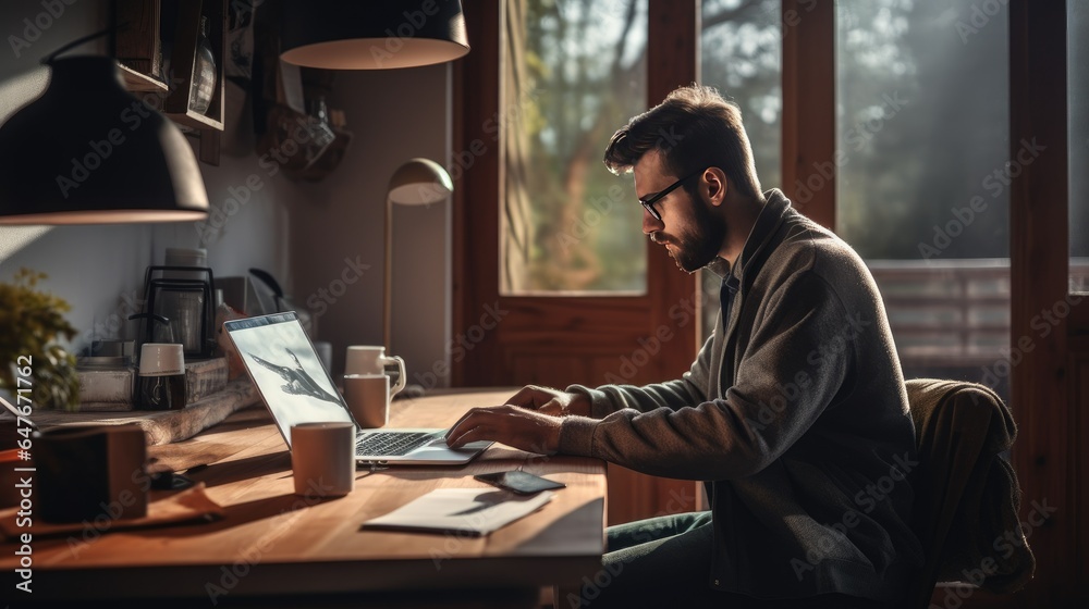 Freelance Man Working on Morning with Laptop