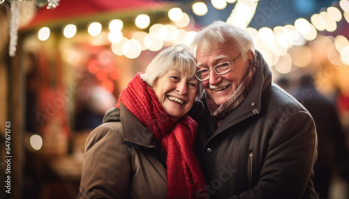 Senior couple having enjoying life in Christmas market. City street, bokeh lights in the background.