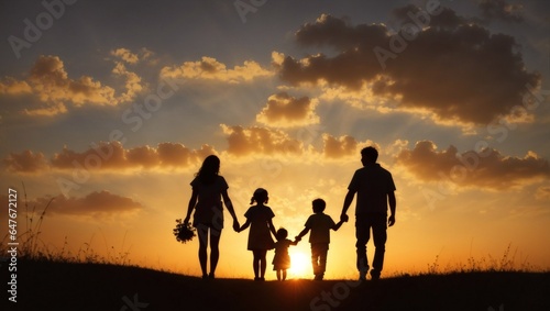 happy family silhouette on the sunset