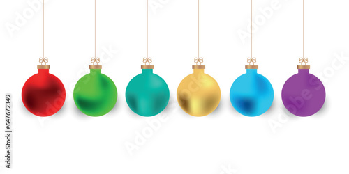 Set of realistic shiny colorful hanging christmas baubles isolated on white background