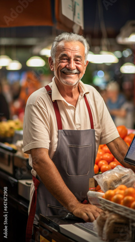 A happy cashier elderly man with an apron in a grocery checkout smiling and looking at the camera Generative AI Illustration