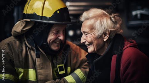 Happy senior firefighter with partner. Service, brave rescue, retirement concept