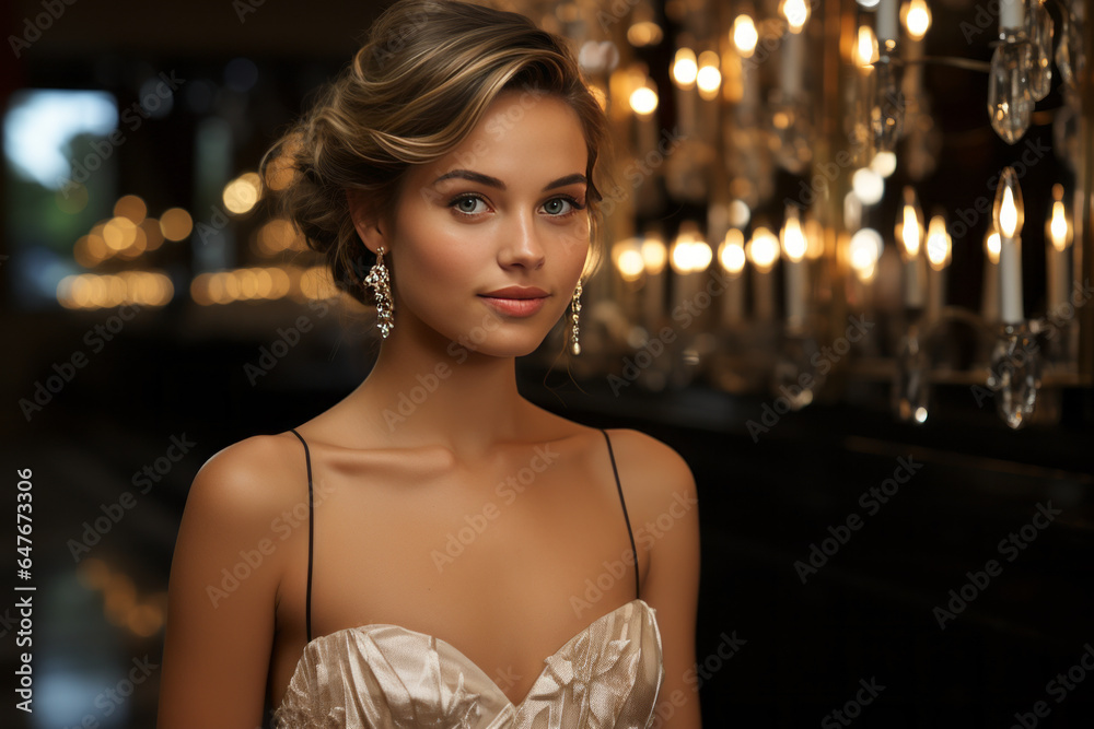 Sophisticated young woman in glamorous evening gown and diamond earrings, posing against grand chandelier backdrop radiating elegance & luxury.