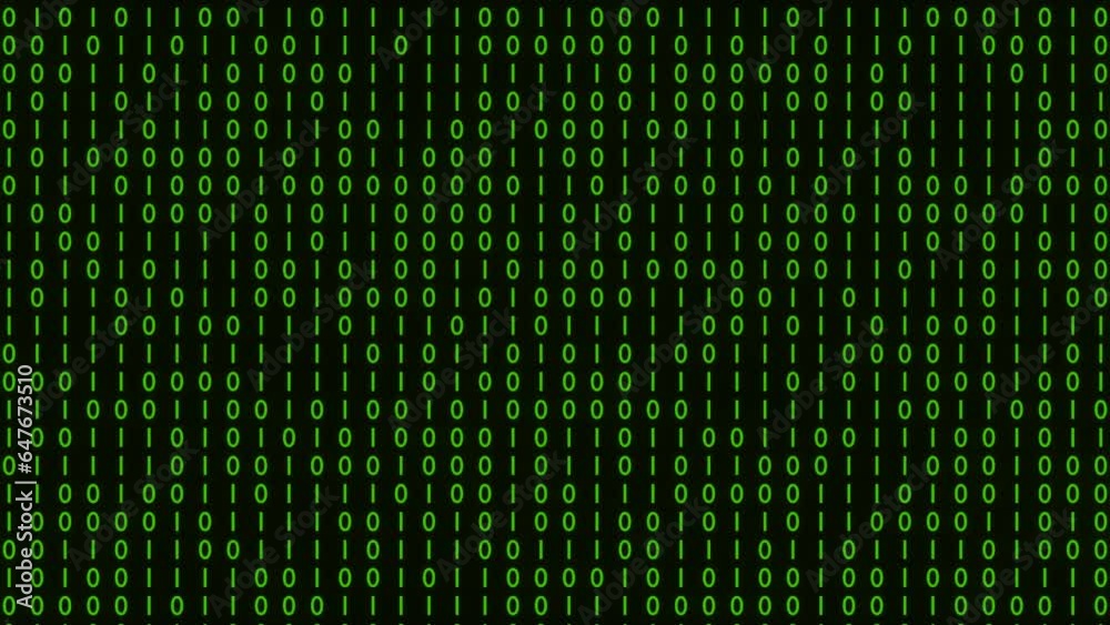 Binary code black and green background with digits moving on screen ...