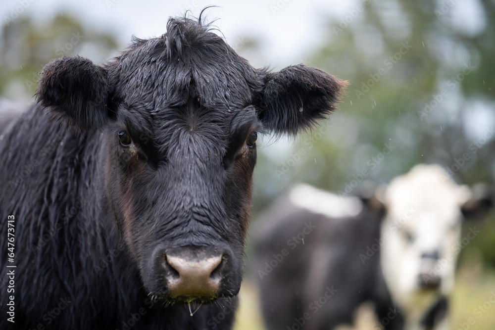 Stud Angus cows in a field free range beef cattle on a farm. Portrait of cow close up