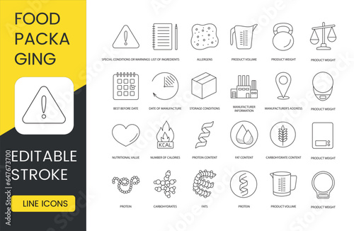 Labels on food packaging of food products, set of line icons in vector, list of ingredients and special conditions or warnings, allergens, volume and weight, expiration date. Editable stroke