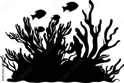 Hand drawn fishs and seaweed silhouette isolated on white background. Vector icons and stamp illustration