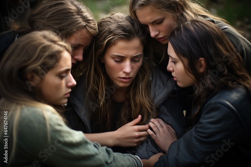 Girls support their friend in a difficult moment. Compassion, solidarity and support.