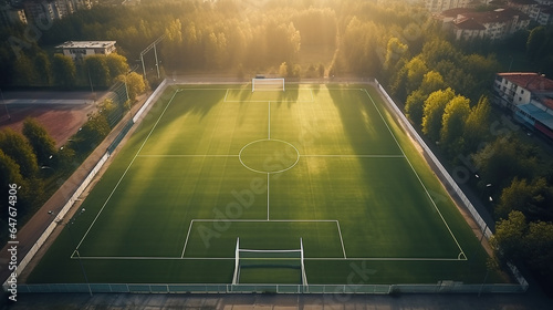 aerial view of a Futsal team on an outdoor soccer field with artificial grass during a stunning sunset. AI Generated.