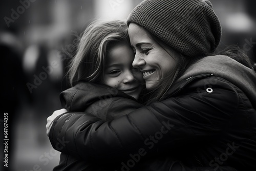A woman hugs her daughter to share her joy. Compassion, solidarity and support.