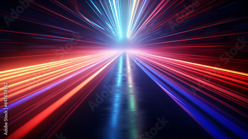 Immerse in a dynamic technology background with light speed, neon speed lines, and mesmerizing light tails. AI Generated