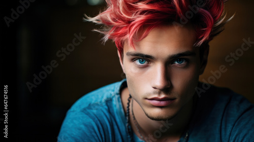 young man with red hair and creative make up and hair. Photo taken in the studio