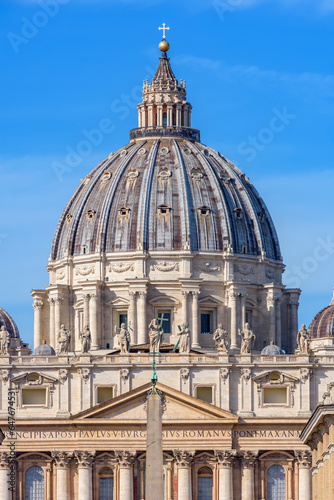 St. Peter's basilica dome and Egyptian obelisk on St. Peter's square in Vatican
