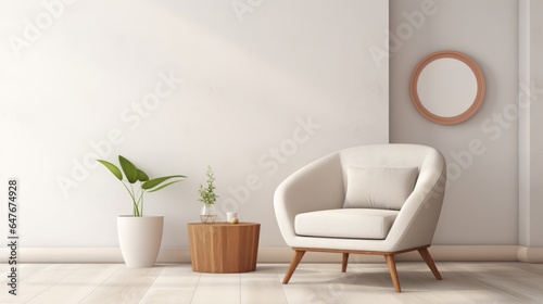 A cozy living room with a stylish chair and a vibrant potted plant