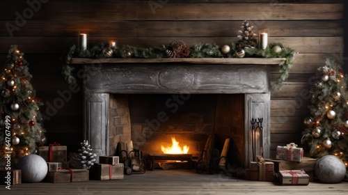 Fireplace decorated with Christmas decorations