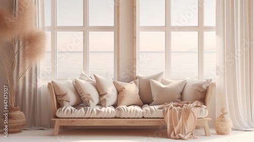 A white couch positioned in front of a large window, creating a bright and inviting space