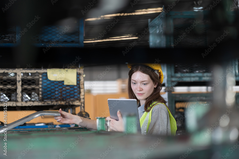 Fototapeta premium Female warehouse worker inspecting quality for auto spare parts for packaging in packaging department at warehouse storage
