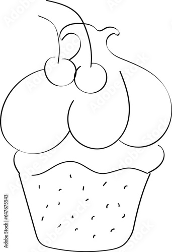 contour, cupcake, hand, drawn, two, cherry, berries, cream, isolated, white, background, vector, graphic, illustration, eps 10, simple, drawing, bakery, food, sweet, muffin, dessert, cake, snack, deli