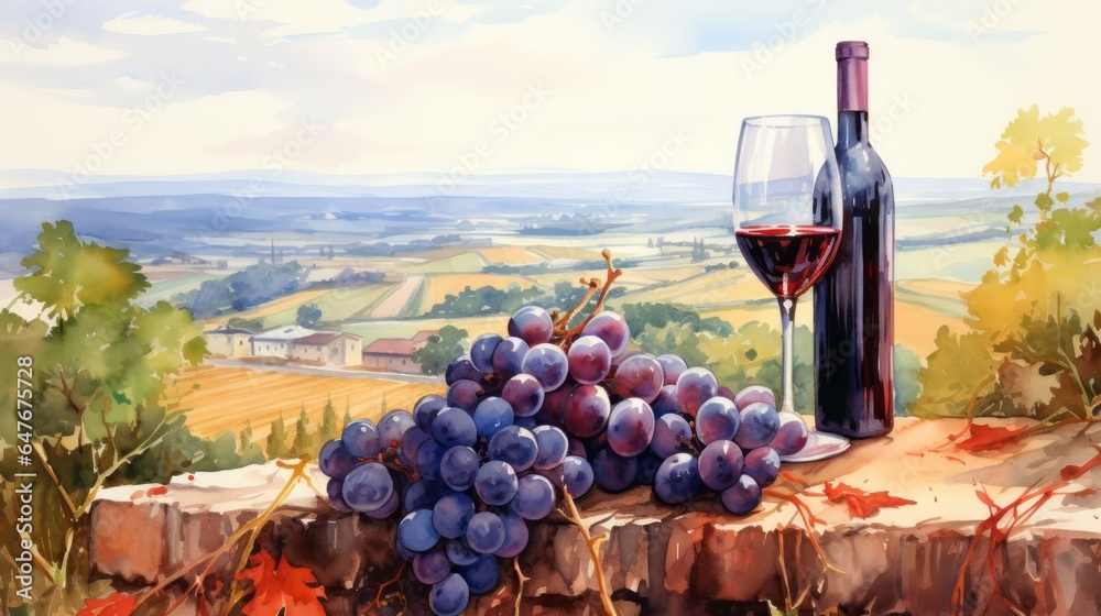 A still life painting of a bottle of wine and grapes, showcasing the beauty of wine and nature