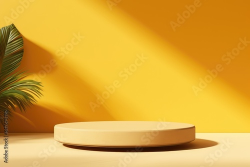 White product podium with green leaf and yellow background.