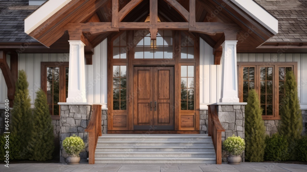 Obraz premium A beautifully designed wooden front door and steps in a stylish house
