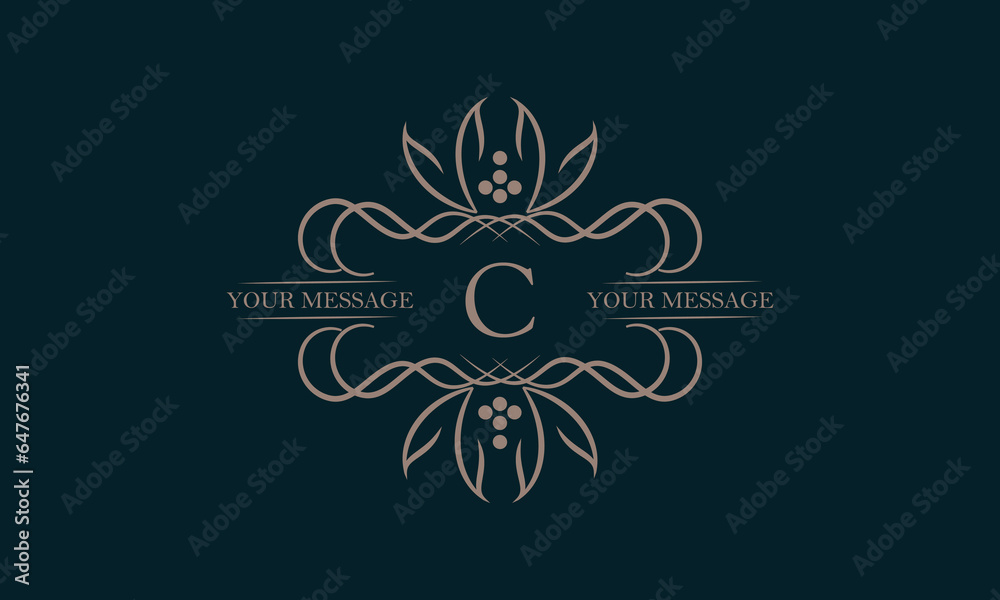 Luxury logo with letter C and beautiful stylish floral ornament. Elegant frame design in vector illustration. Monogram, emblem.