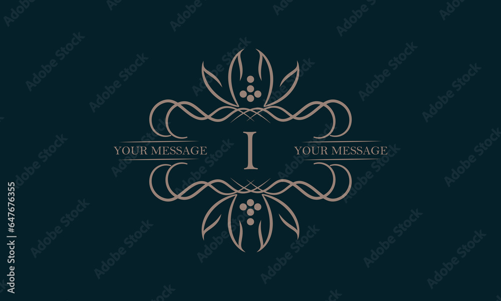 Luxury logo with letter I and beautiful stylish floral ornament. Elegant frame design in vector illustration. Monogram, emblem.