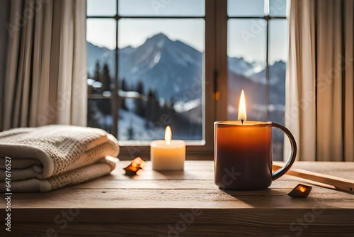 realistic depiction of a winter's night, emphasizing the cozy ambiance of candle-lit windows amid the tranquil snowfall, evoking a peaceful and enchanting atmosphere