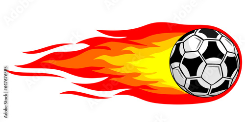 Football ball flies and leaves trail of fire behind it. Vector soccer ball on transparent background