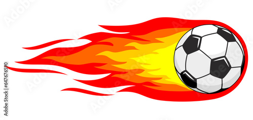 Football ball flies and leaves trail of fire behind it. Vector soccer ball on transparent background