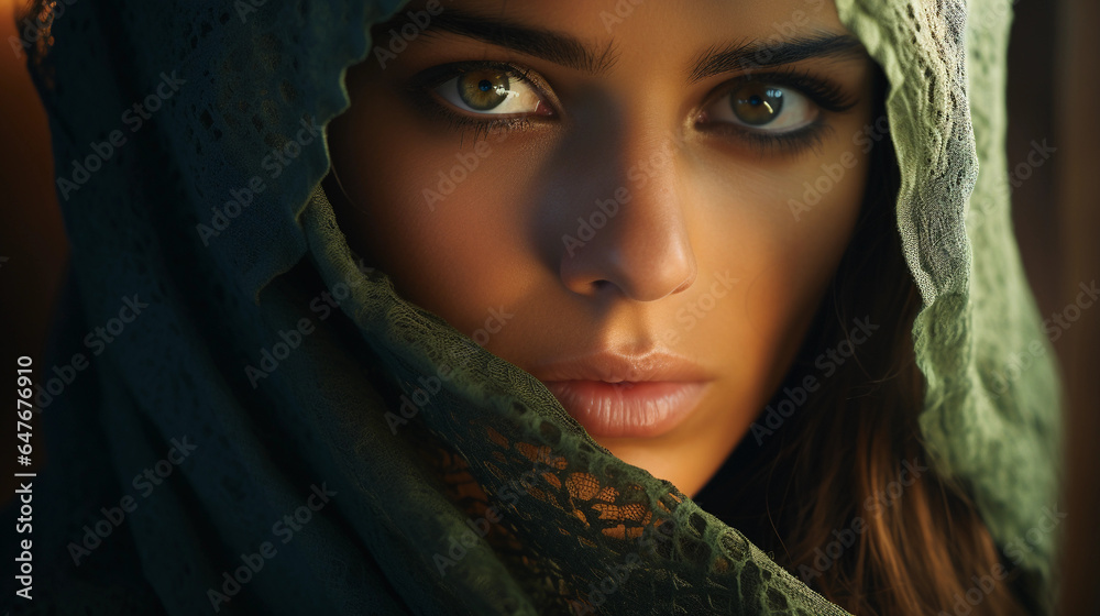 Naklejka premium Middle Eastern woman, eyes covered with decorative veil, striking green eyes, soft light from a lantern