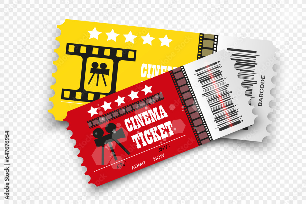 Vector cinema tickets isolated on transparent background. Realistic cinema entrance ticket. Vector cinema tickets isolated on transparent background. Realistic cinema entrance ticket.