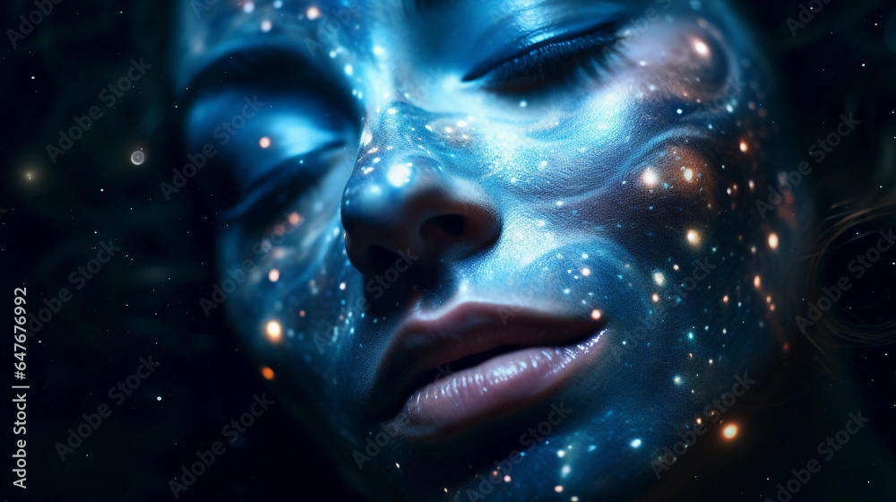Surrealist portrait, face blending into swirling galaxies, cosmic makeup, twinkling stars for eyes