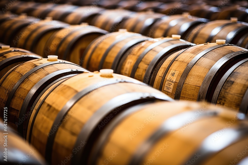 Wooden oak Port barrels in neat rows Wooden oak Port barrels in neat rows