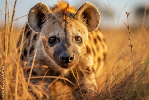 Spotted hyena in dry tall grass