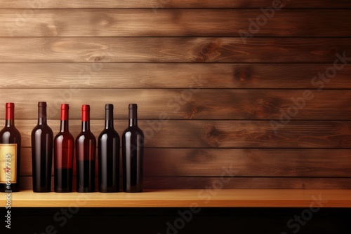 Bottles of red wine on a wooden shelf. Copy space for winery © Lubos Chlubny