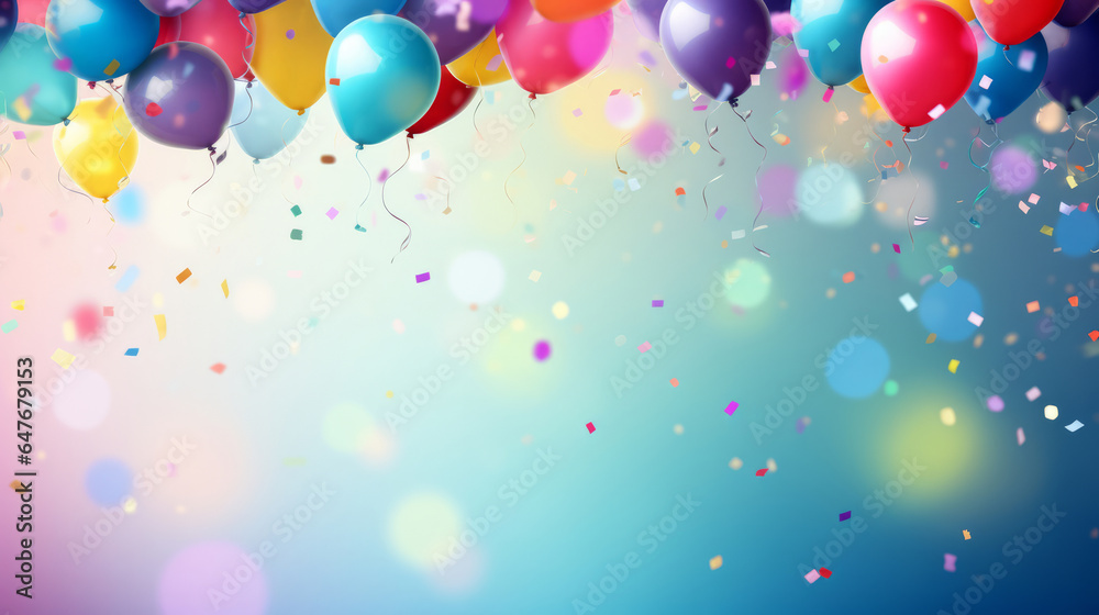 Colorful border with balloons and confetti. Composition with birthday decor