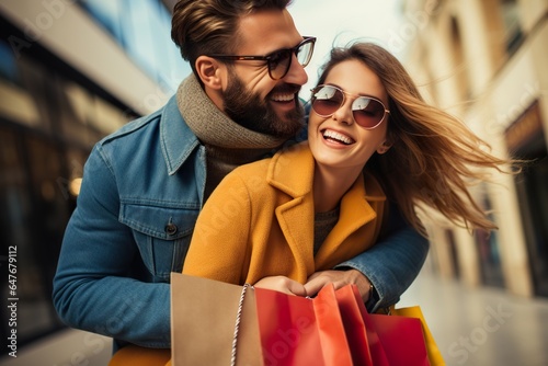 Attractive couple are happy with successful shopping in shopping mall