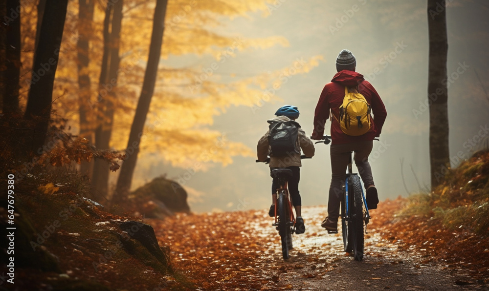 Happy family rides a bicycle sunny autumn forest Happy family rides a bicycle sunny autumn forest