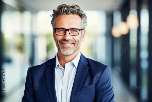 Smiling Middle-Aged Banker and CEO in Office, older mature entrepreneur wearing glasses, headshot portrait, mid adult professional businessman ceo executive in office