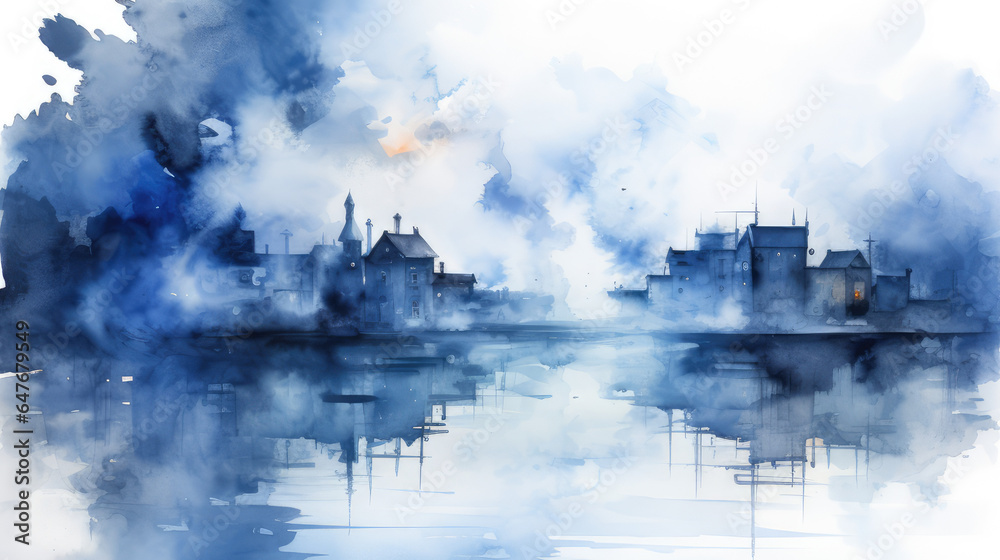 Fototapeta premium Modern dawn brilliant city harbor abstract oil painting with bold strokes in blue and orange color for Living room bedroom aisle fashion decor, Generative AI