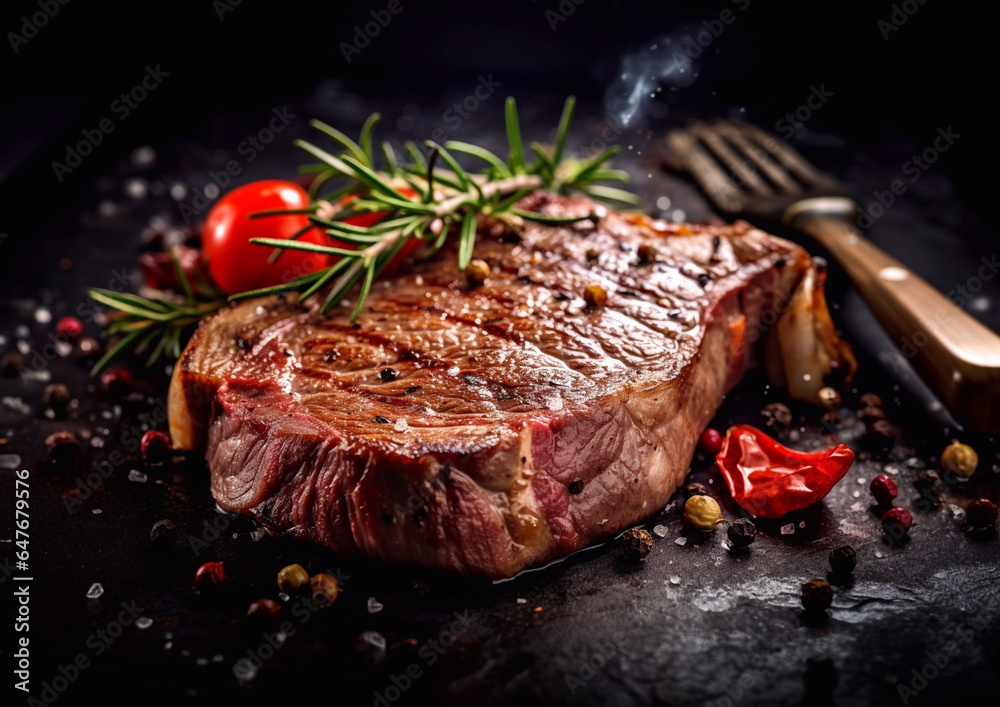 Tomahawk grilled beef steak with rosemary and tomatoes on black.Macro.AI Generative